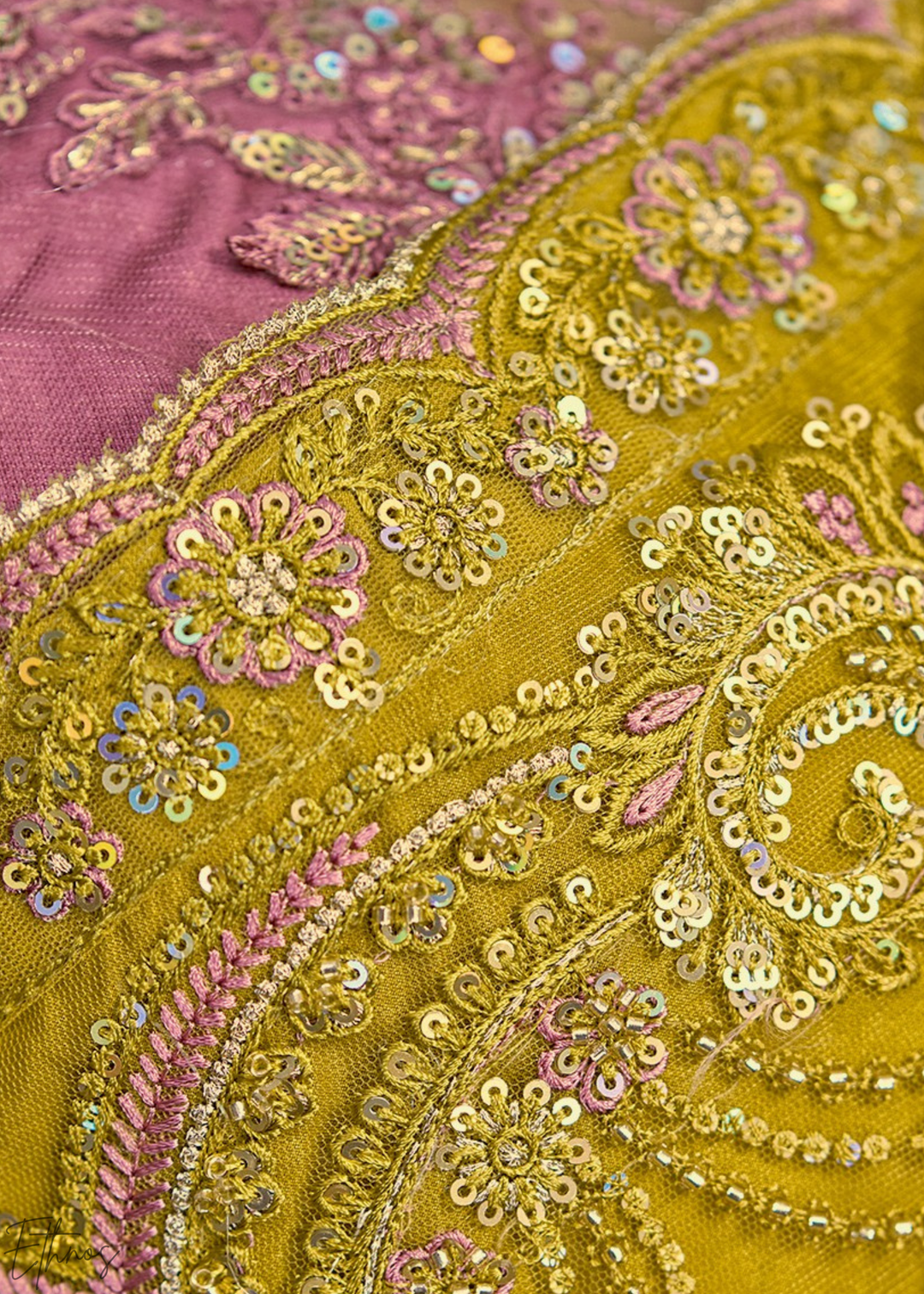 Mustard Yellow Swirl Floral Embroidered Crepe Silk Saree