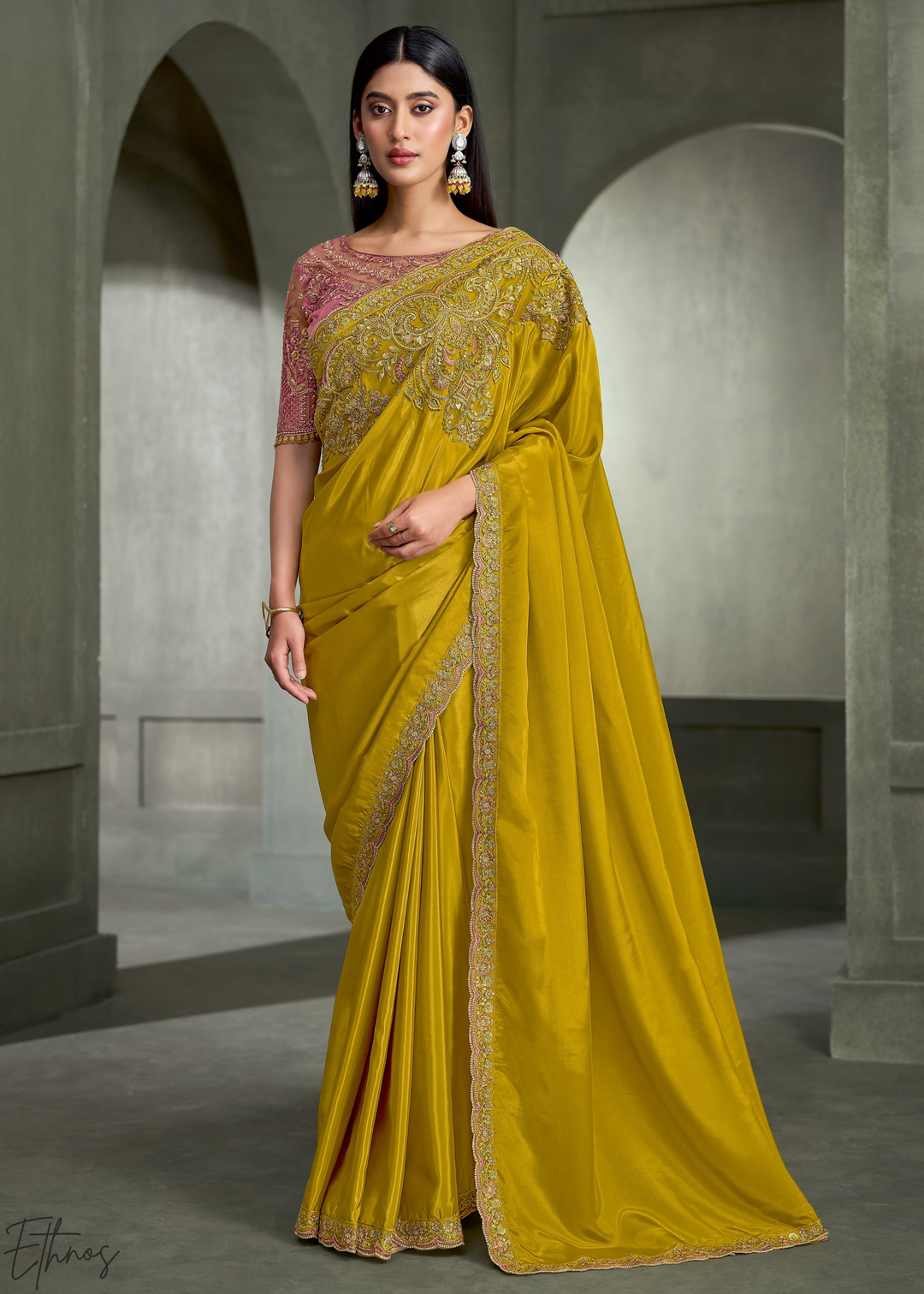 Mustard Yellow Swirl Floral Embroidered Crepe Silk Saree