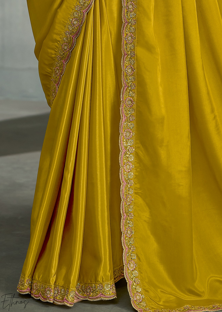 Mustard Yellow Swirl Floral Embroidered Crepe Silk Saree