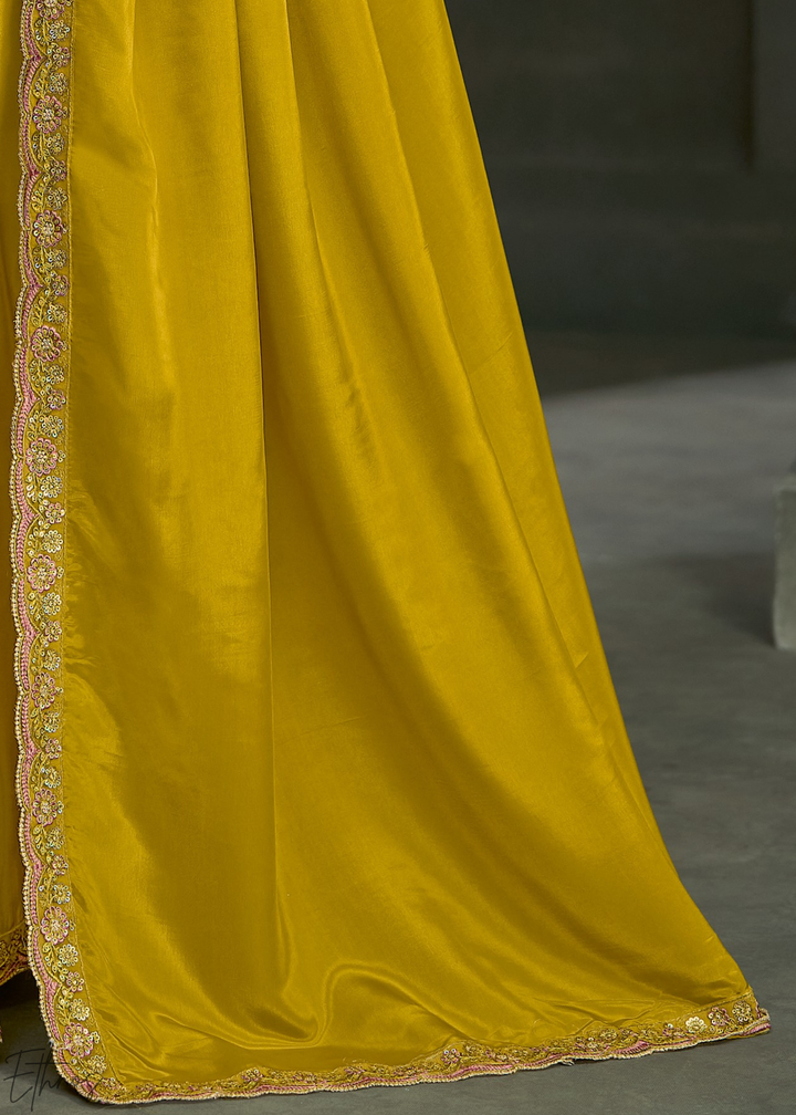 Mustard Yellow Swirl Floral Embroidered Crepe Silk Saree