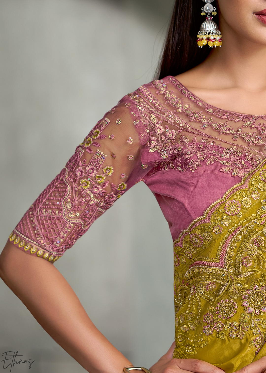 Mustard Yellow Swirl Floral Embroidered Crepe Silk Saree