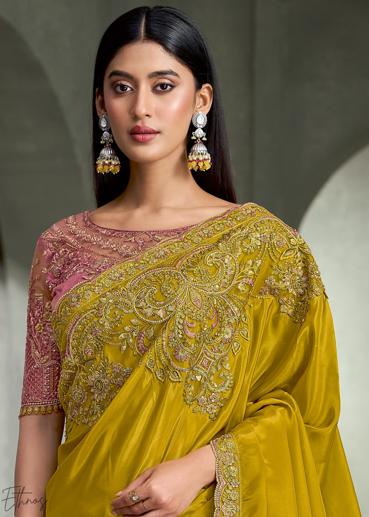 Mustard Yellow Swirl Floral Embroidered Crepe Silk Saree