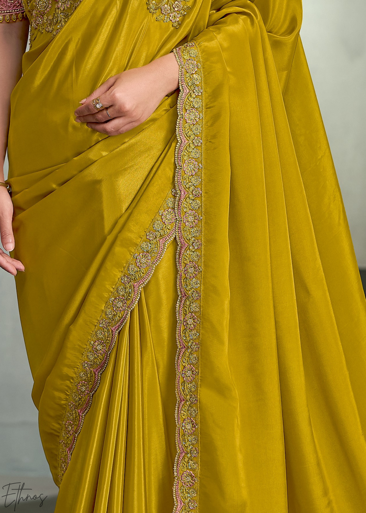 Mustard Yellow Swirl Floral Embroidered Crepe Silk Saree