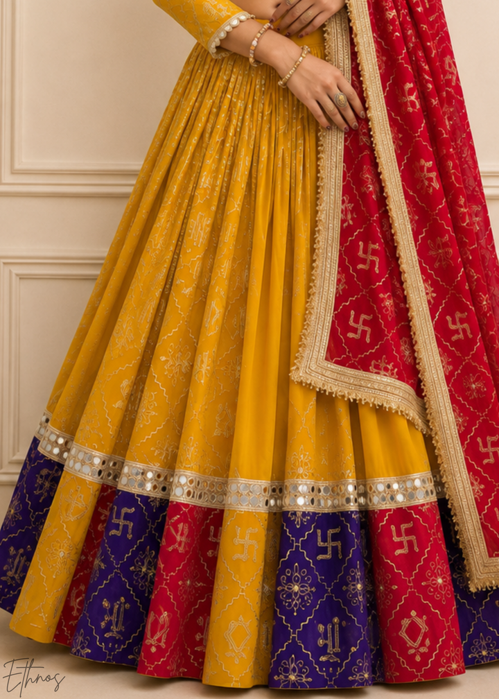Mustard Yellow Traditional Paneled Border Georgette Lehenga Choli