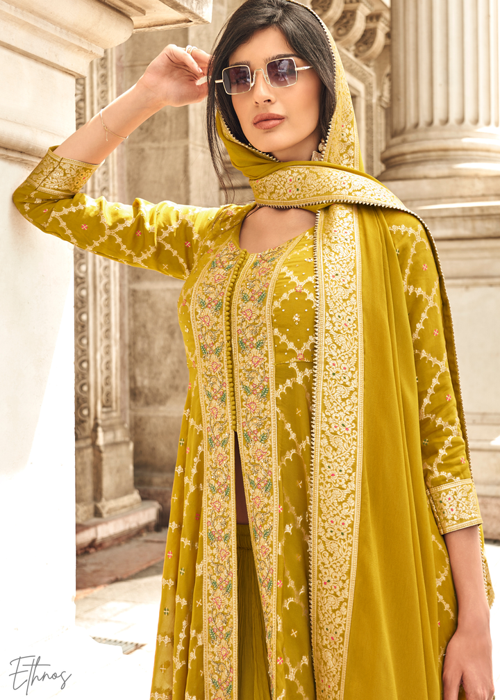 Mustard Yellow Jacquard Silk Anarkali Suit