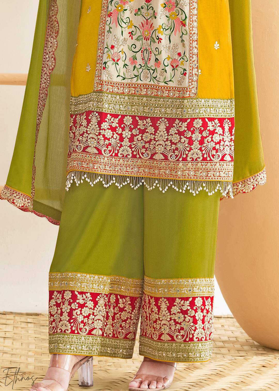 Mustard & Green Embroidered Chinon Palazzo Suit