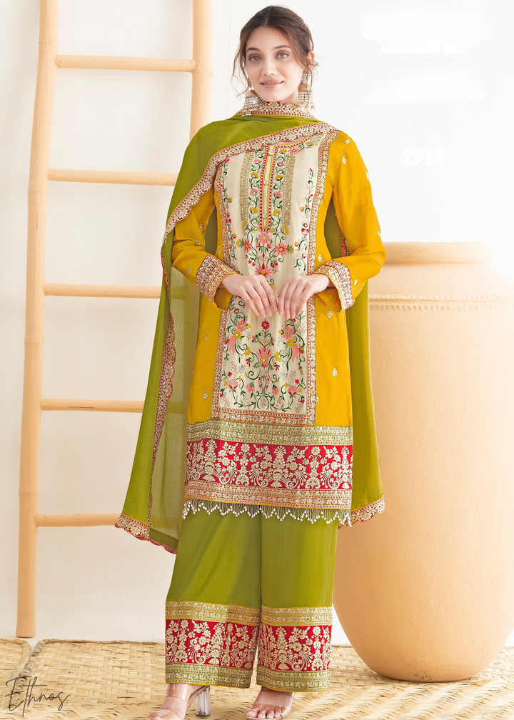 Mustard & Green Embroidered Chinon Palazzo Suit