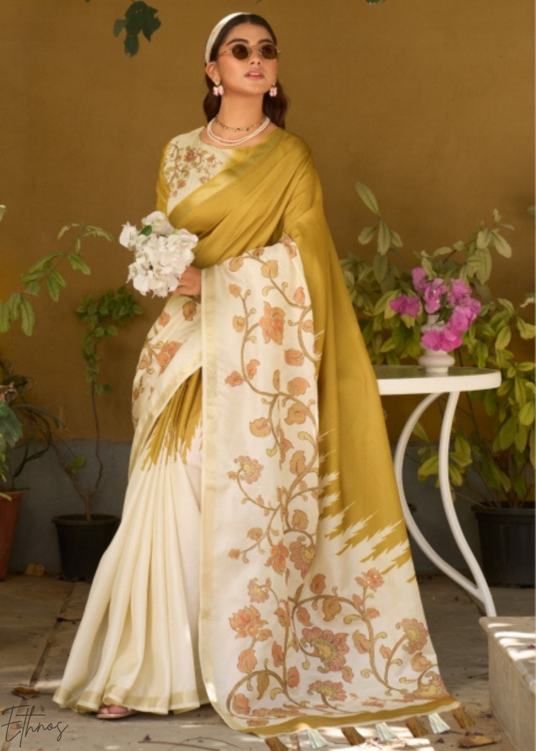 Mustard and Cream Floral Digital Print Tussar Silk