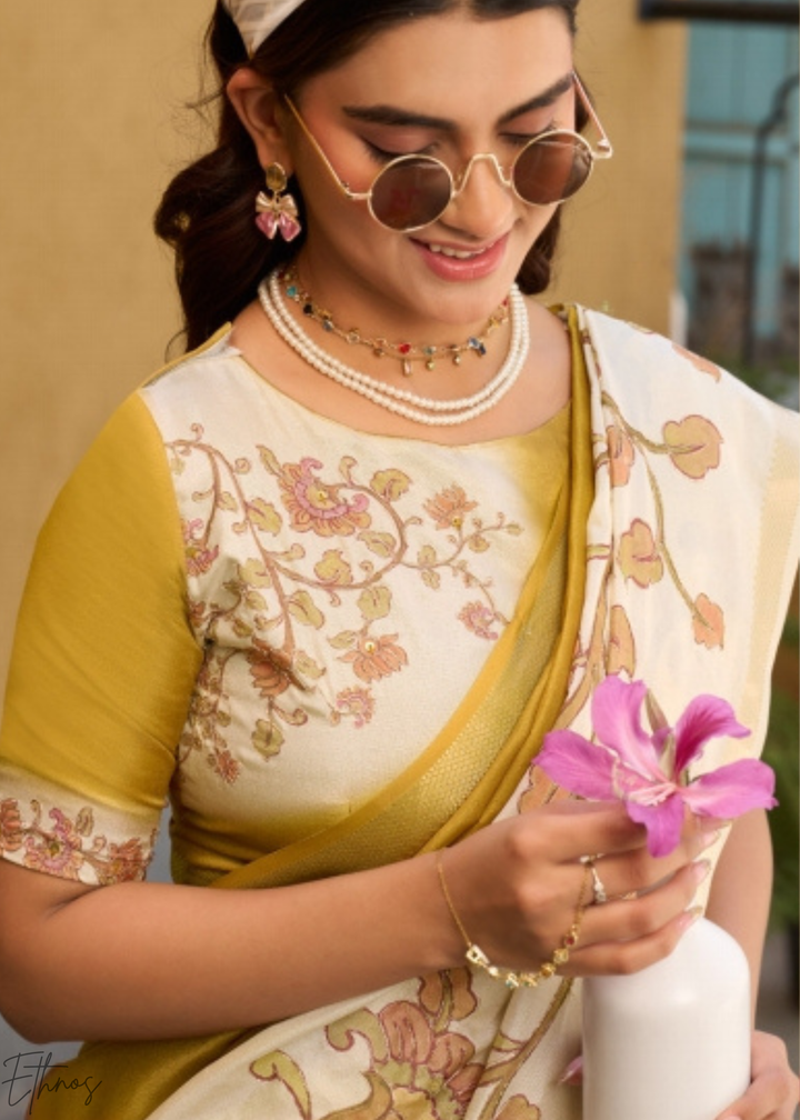 Mustard and Cream Floral Digital Print Tussar Silk