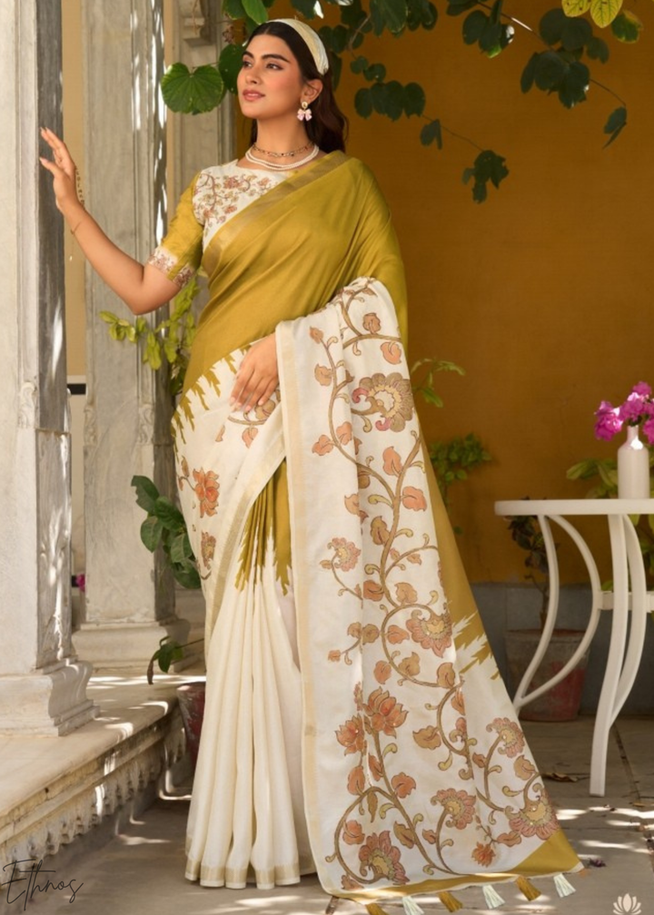 Mustard and Cream Floral Digital Print Tussar Silk