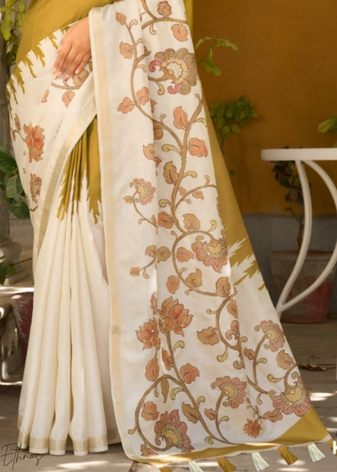 Mustard and Cream Floral Digital Print Tussar Silk