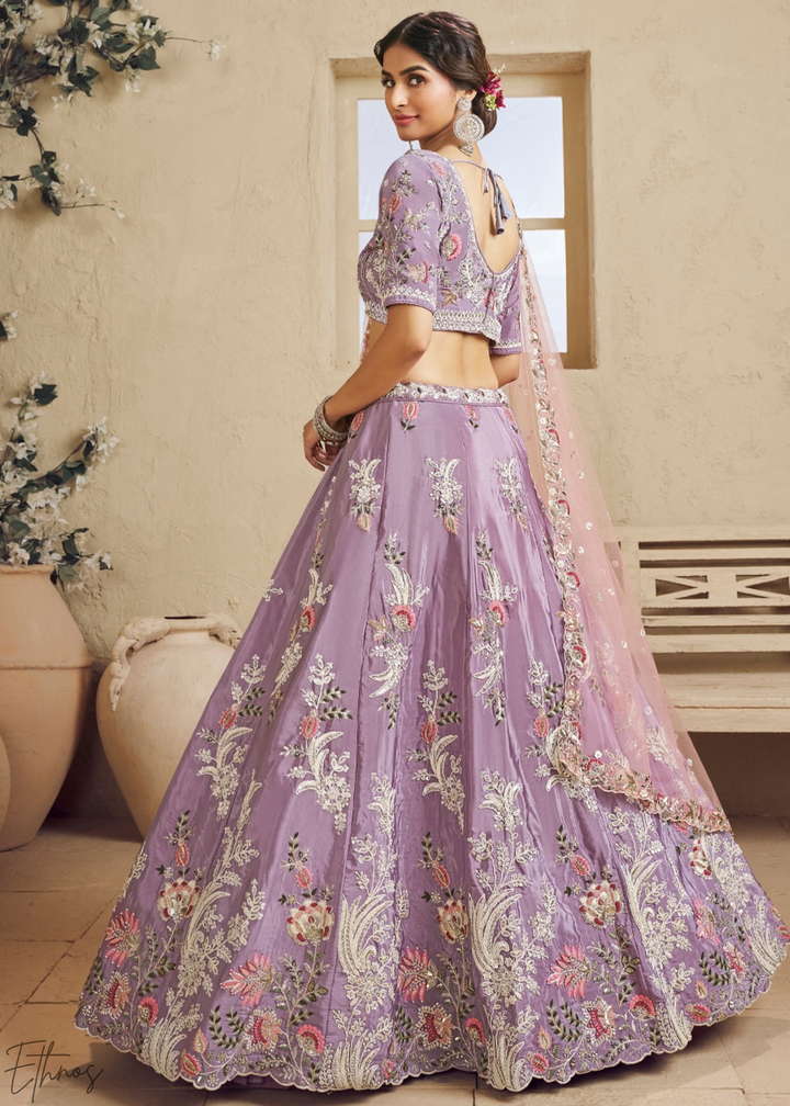 Muted Amethyst Radiant Blossom Satin Lehenga