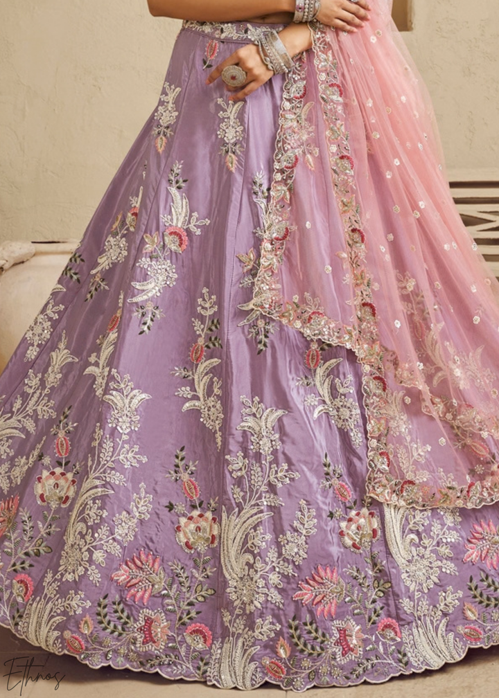 Muted Amethyst Radiant Blossom Satin Lehenga