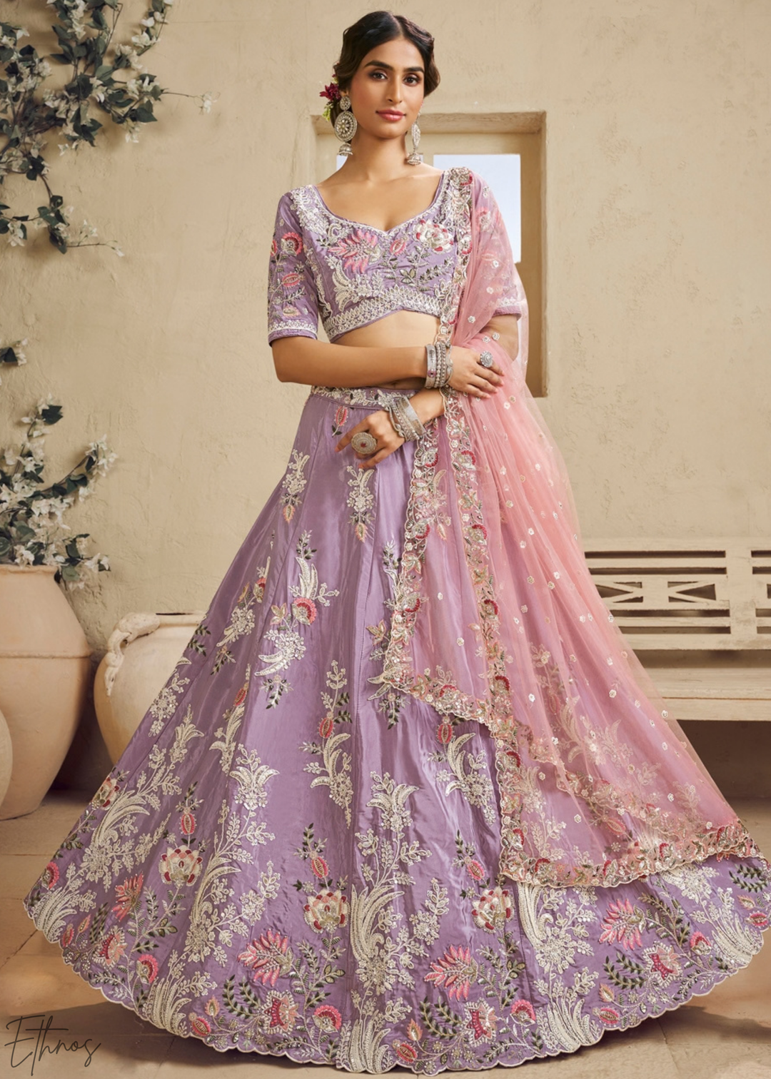 Muted Amethyst Radiant Blossom Satin Lehenga