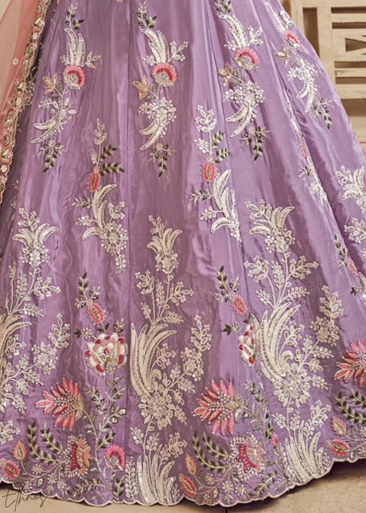 Muted Amethyst Radiant Blossom Satin Lehenga