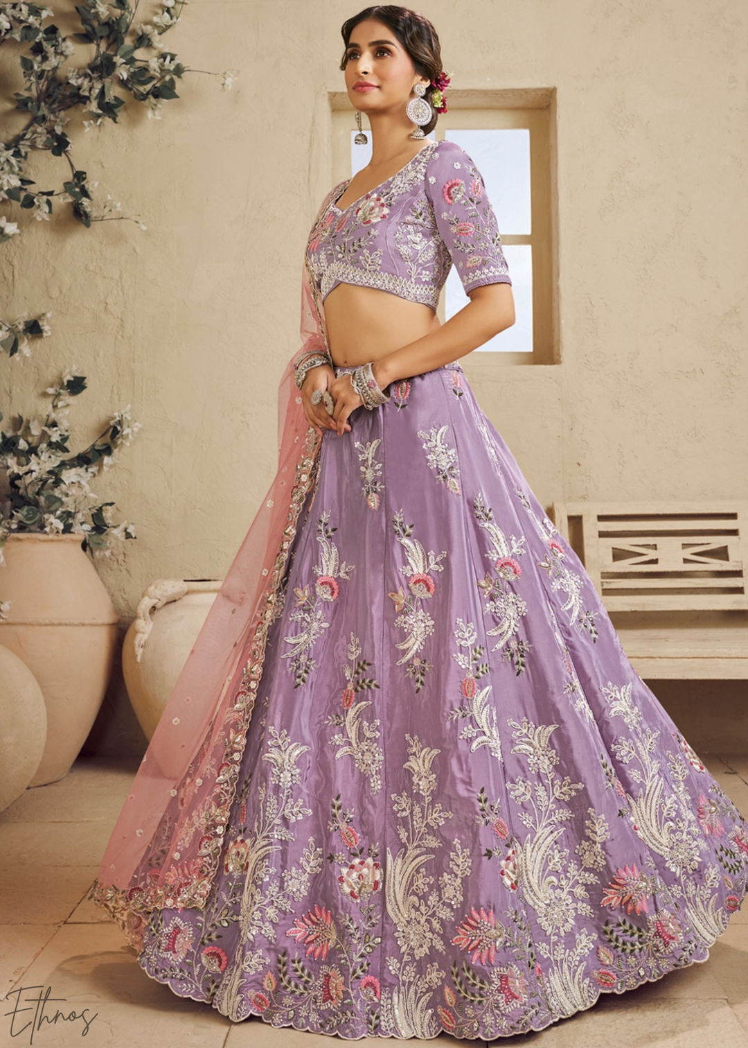 Muted Amethyst Radiant Blossom Satin Lehenga