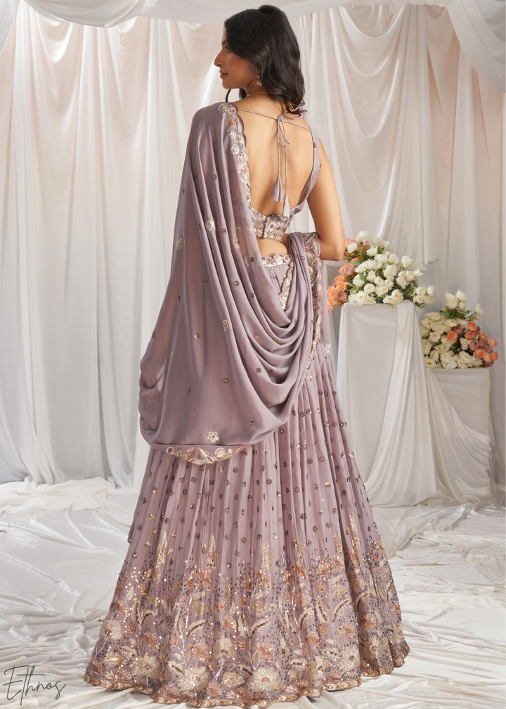 Muted Amethyst Whispering Vine Poly Georgette Lehenga