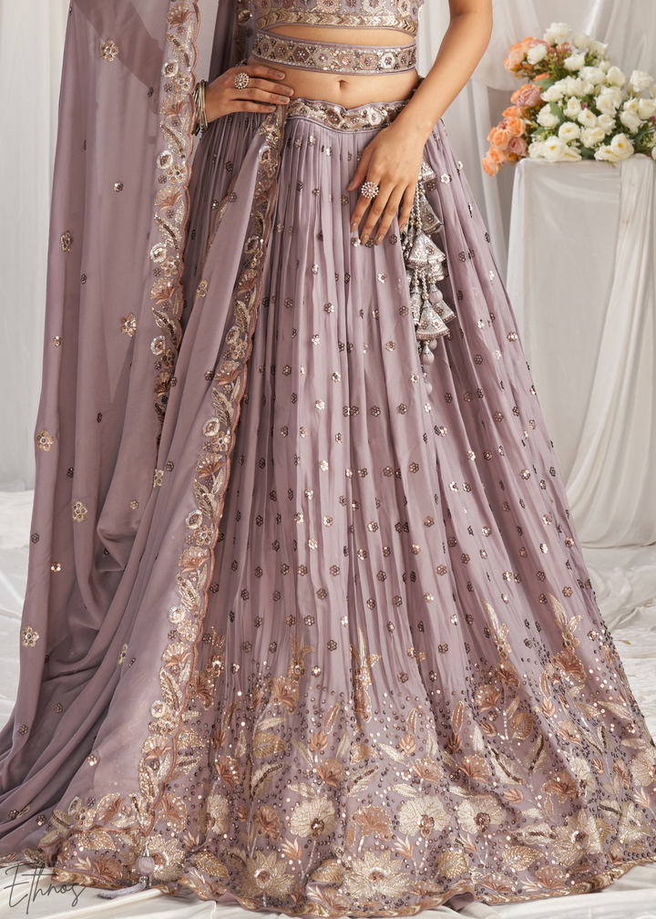 Muted Amethyst Whispering Vine Poly Georgette Lehenga