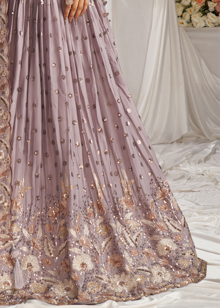 Muted Amethyst Whispering Vine Poly Georgette Lehenga