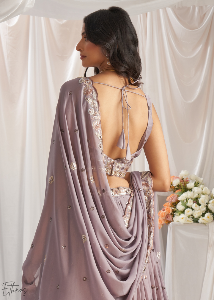 Muted Amethyst Whispering Vine Poly Georgette Lehenga