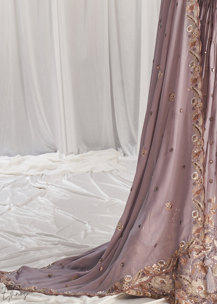 Muted Amethyst Whispering Vine Poly Georgette Lehenga