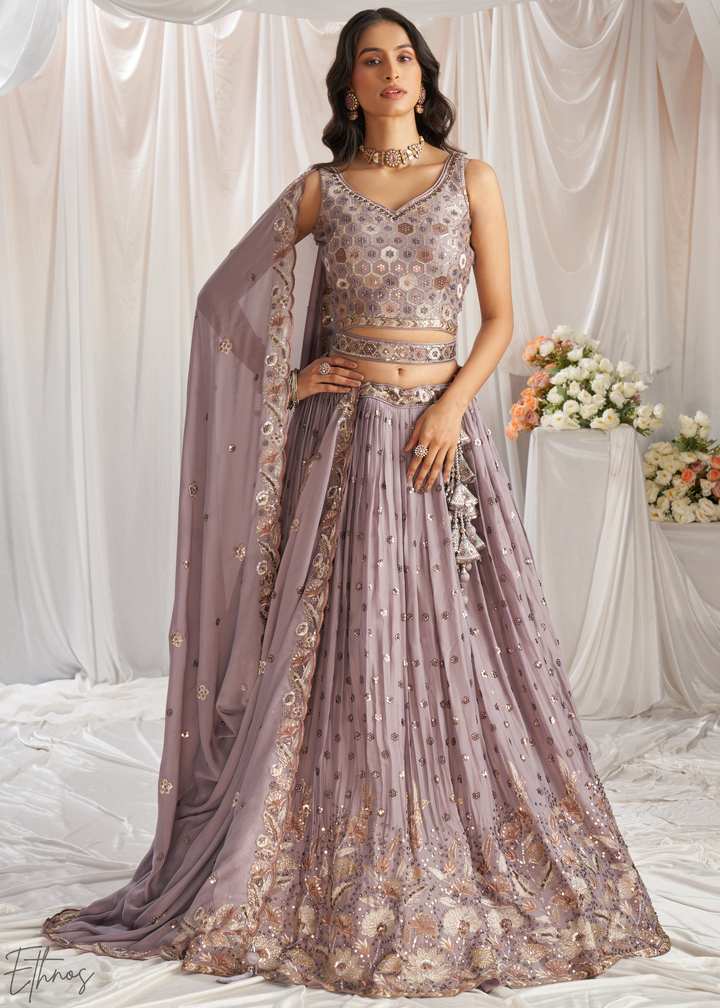 Muted Amethyst Whispering Vine Poly Georgette Lehenga