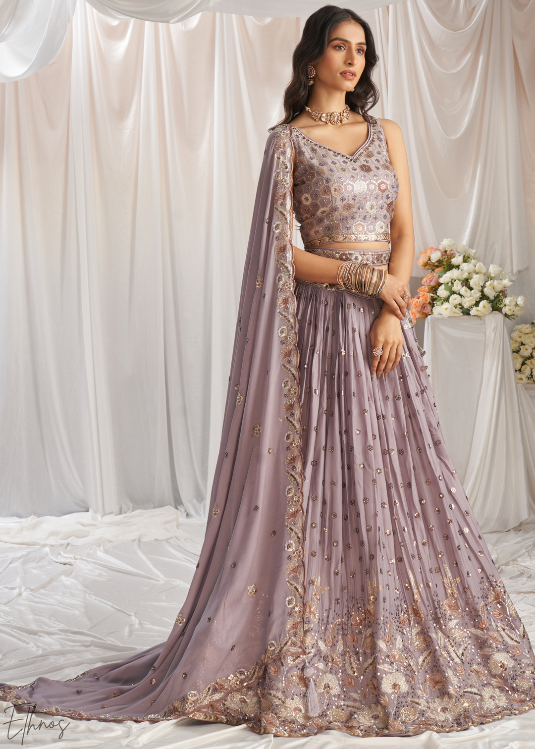 Muted Amethyst Whispering Vine Poly Georgette Lehenga