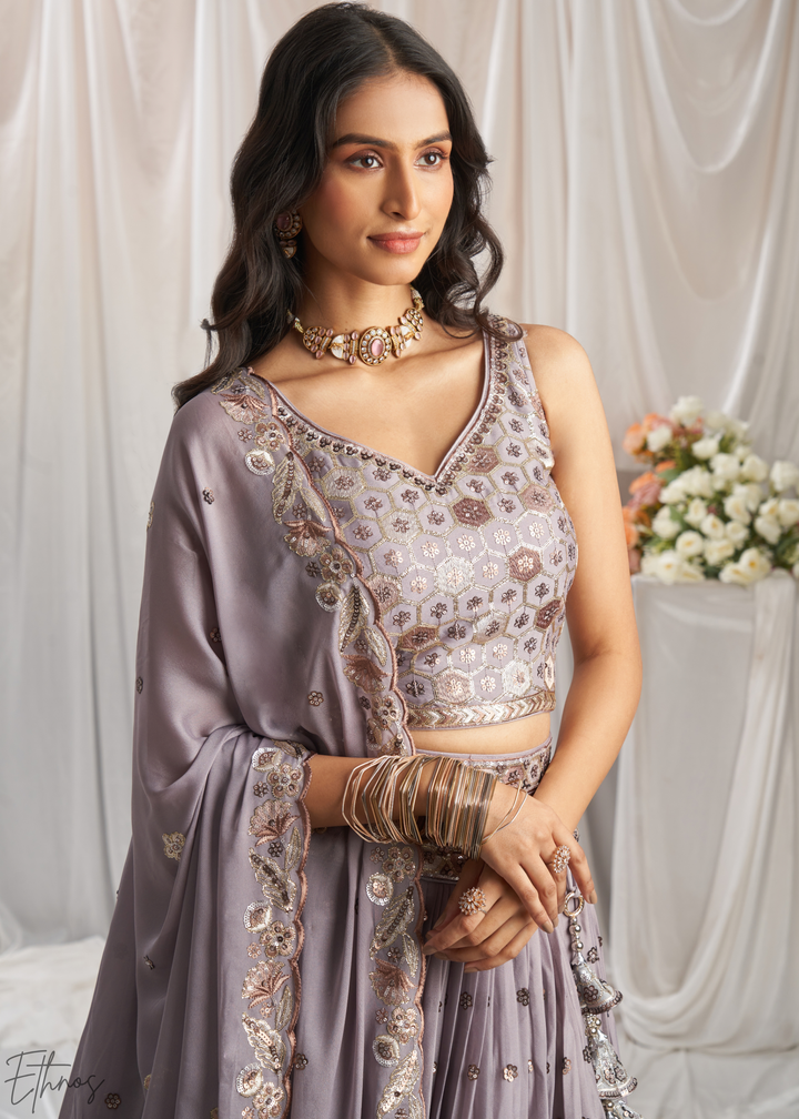 Muted Amethyst Whispering Vine Poly Georgette Lehenga