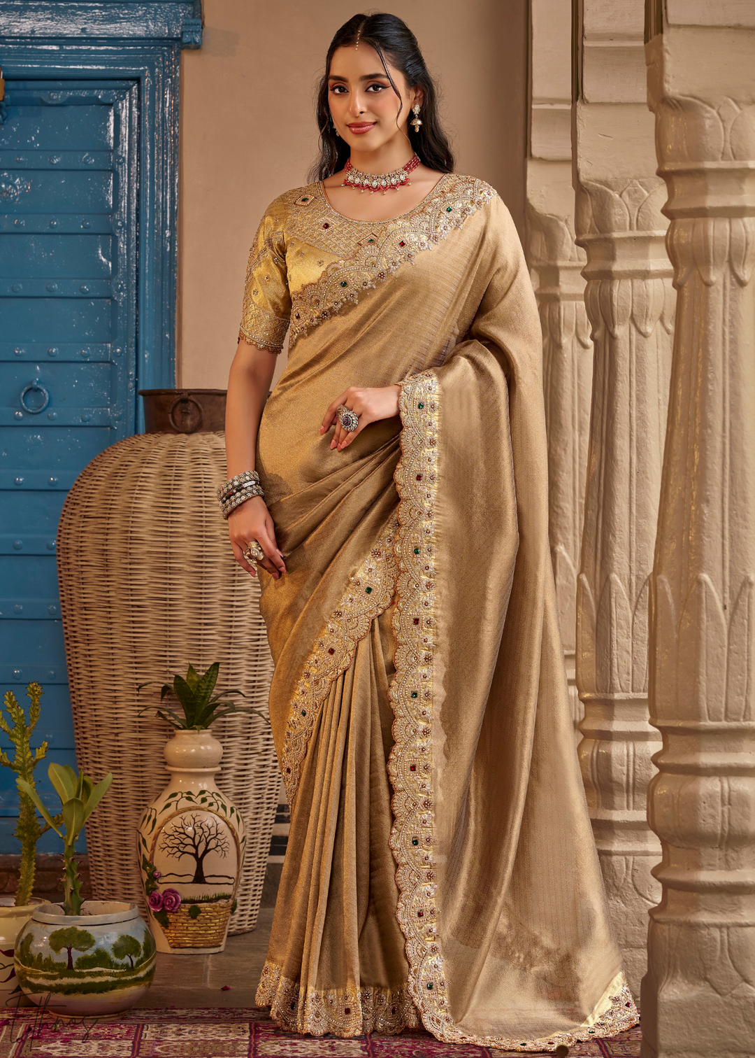 Muted Bronze Scallop Border Embroidered Silk Saree
