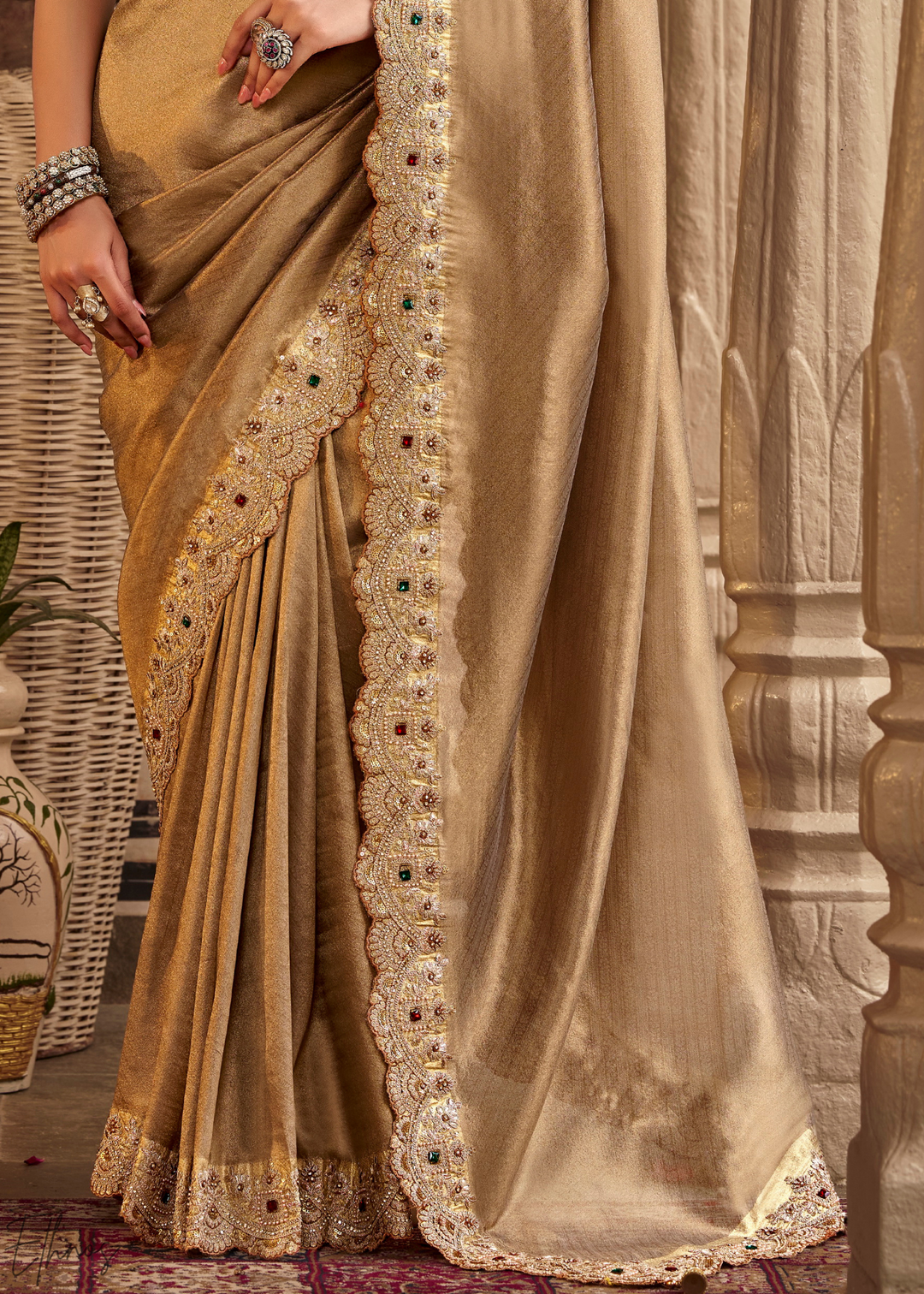 Muted Bronze Scallop Border Embroidered Silk Saree