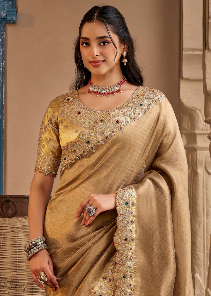 Muted Bronze Scallop Border Embroidered Silk Saree