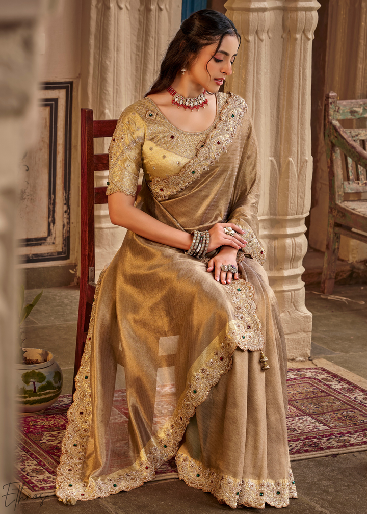 Muted Bronze Scallop Border Embroidered Silk Saree