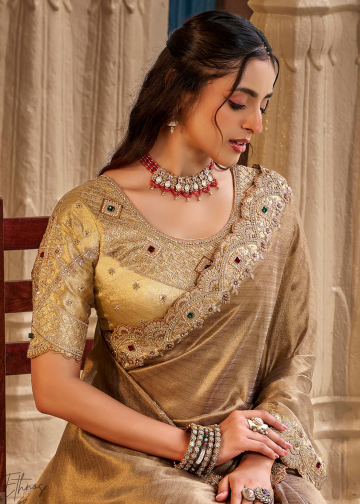Muted Bronze Scallop Border Embroidered Silk Saree