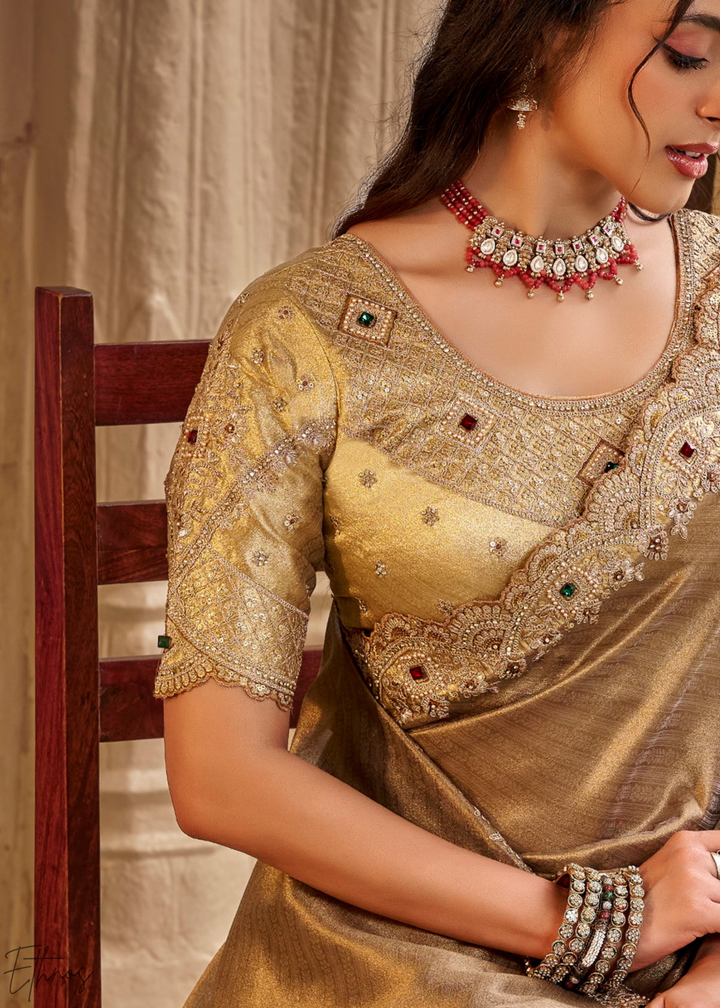 Muted Bronze Scallop Border Embroidered Silk Saree