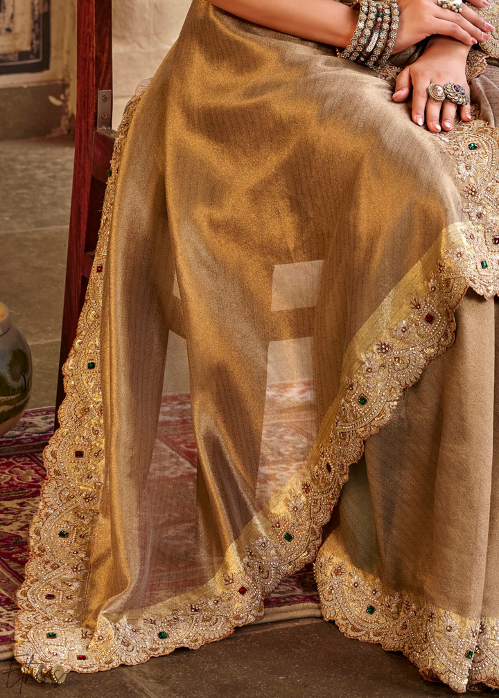 Muted Bronze Scallop Border Embroidered Silk Saree