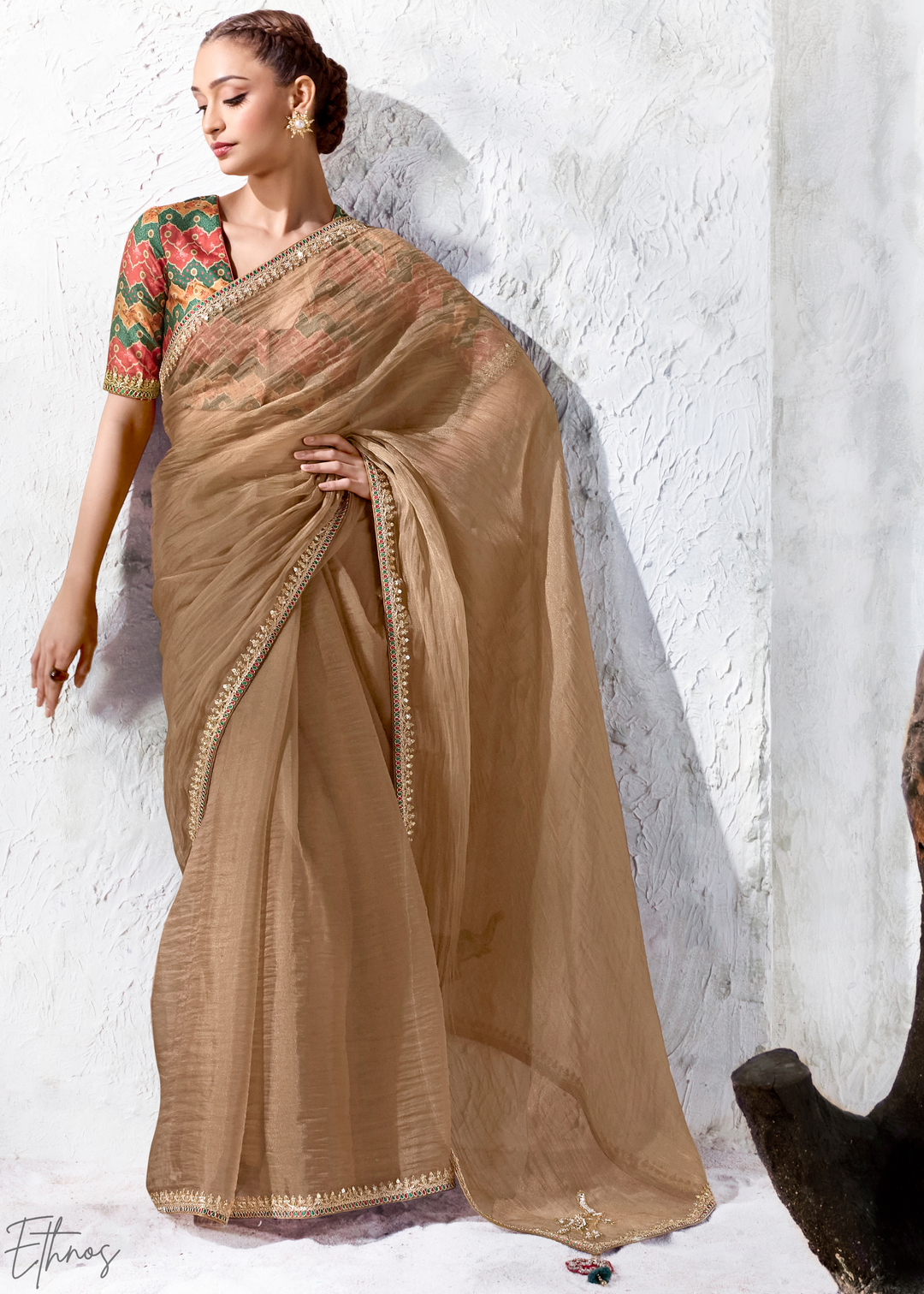 Muted Khaki Solid Body Classic Organza Silk Saree