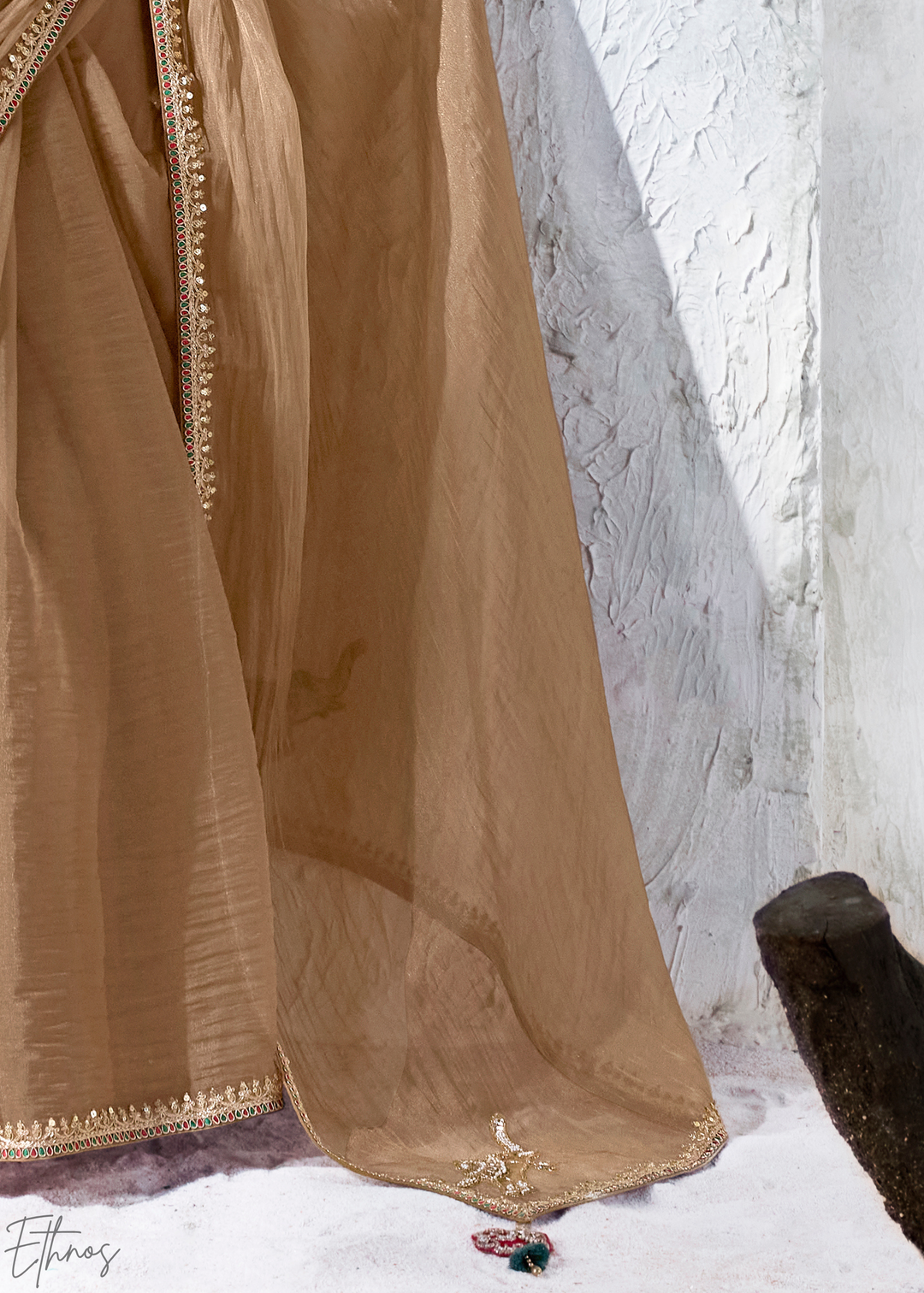 Muted Khaki Solid Body Classic Organza Silk Saree