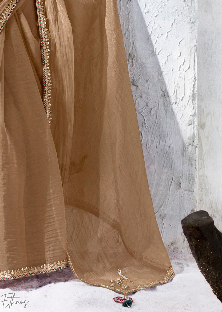 Muted Khaki Solid Body Classic Organza Silk Saree