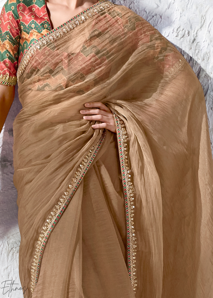 Muted Khaki Solid Body Classic Organza Silk Saree