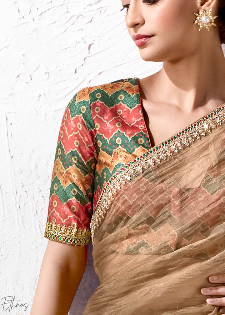 Muted Khaki Solid Body Classic Organza Silk Saree
