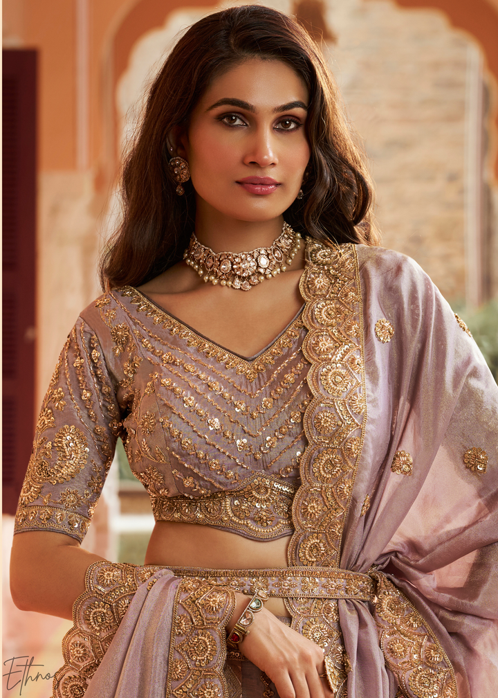 Muted Lilac Paisley Weave Banarasi Silk Lehenga Choli