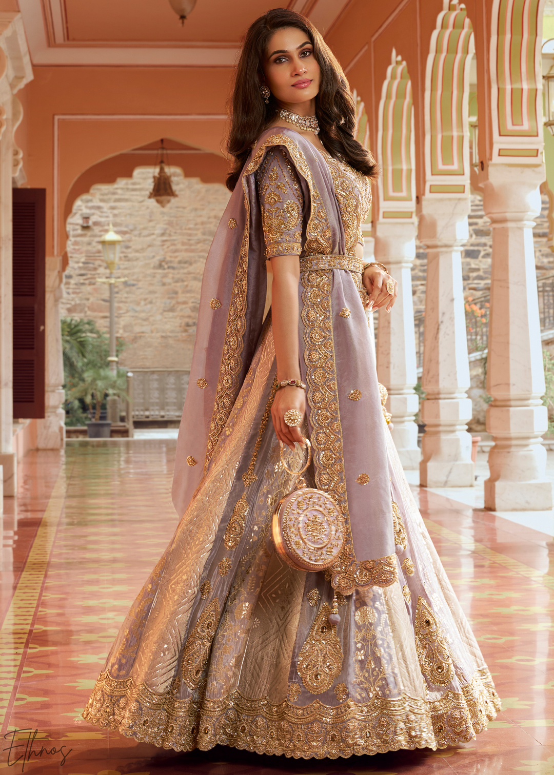 Muted Lilac Paisley Weave Banarasi Silk Lehenga Choli