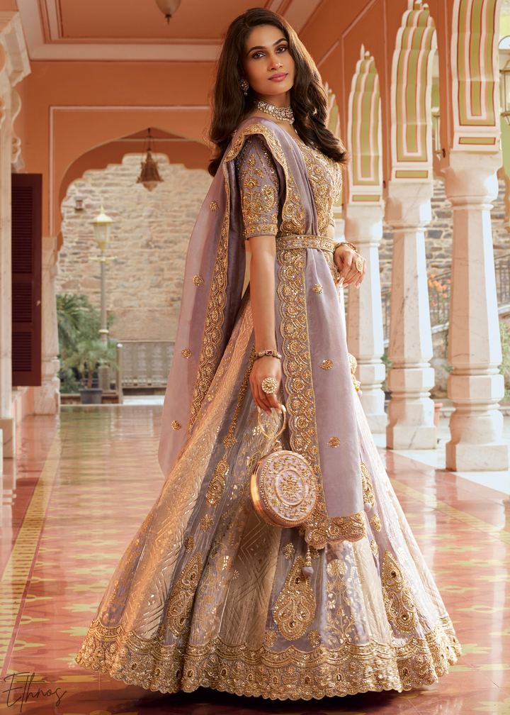 Muted Lilac Paisley Weave Banarasi Silk Lehenga Choli