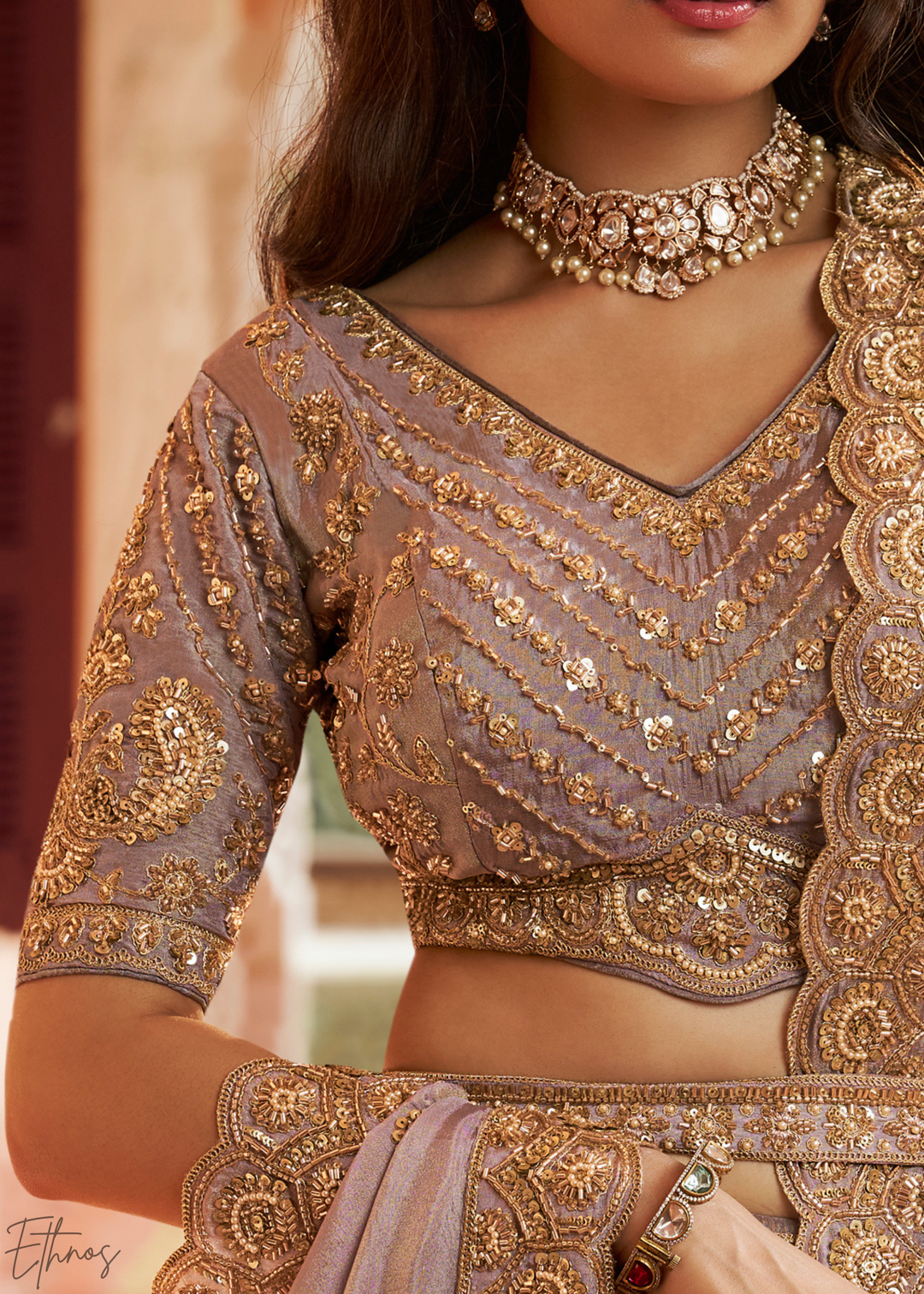 Muted Lilac Paisley Weave Banarasi Silk Lehenga Choli