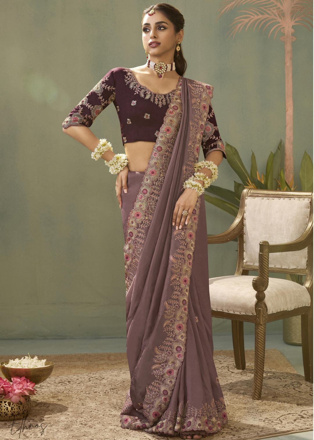 Muted Orchid Woven Scallop Border Upada Silk Saree