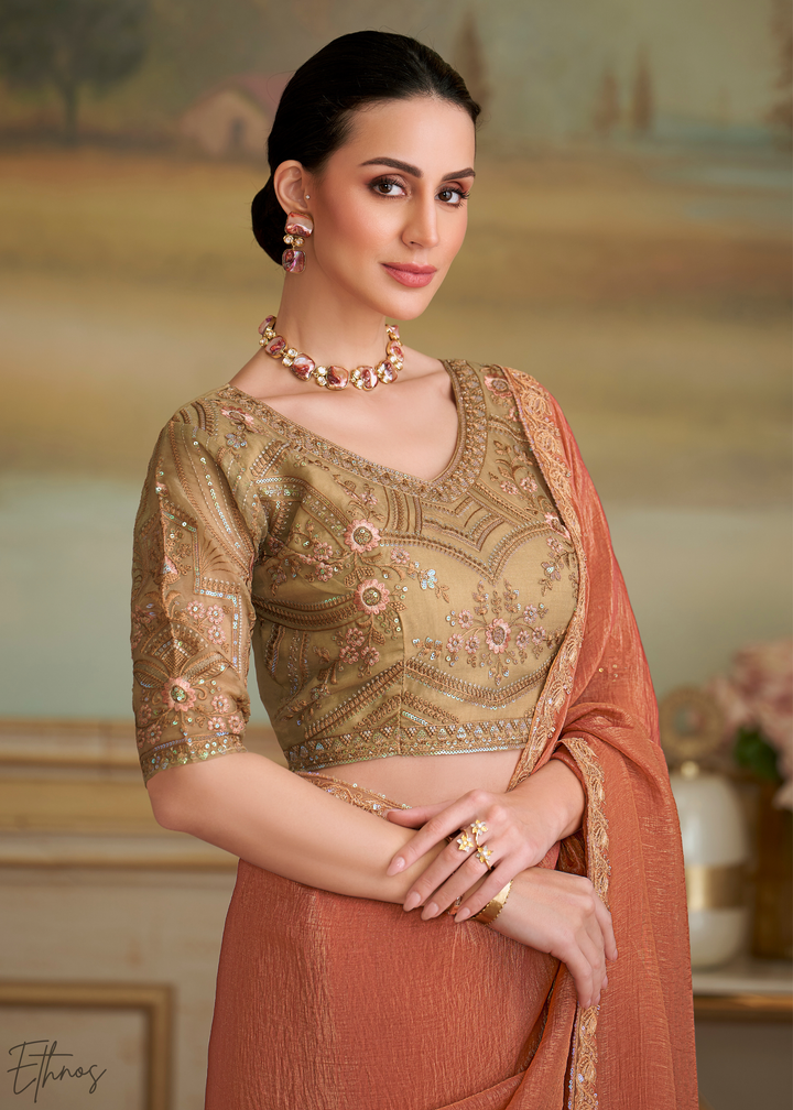 Muted Peach Gold Metallic Georgette Saree