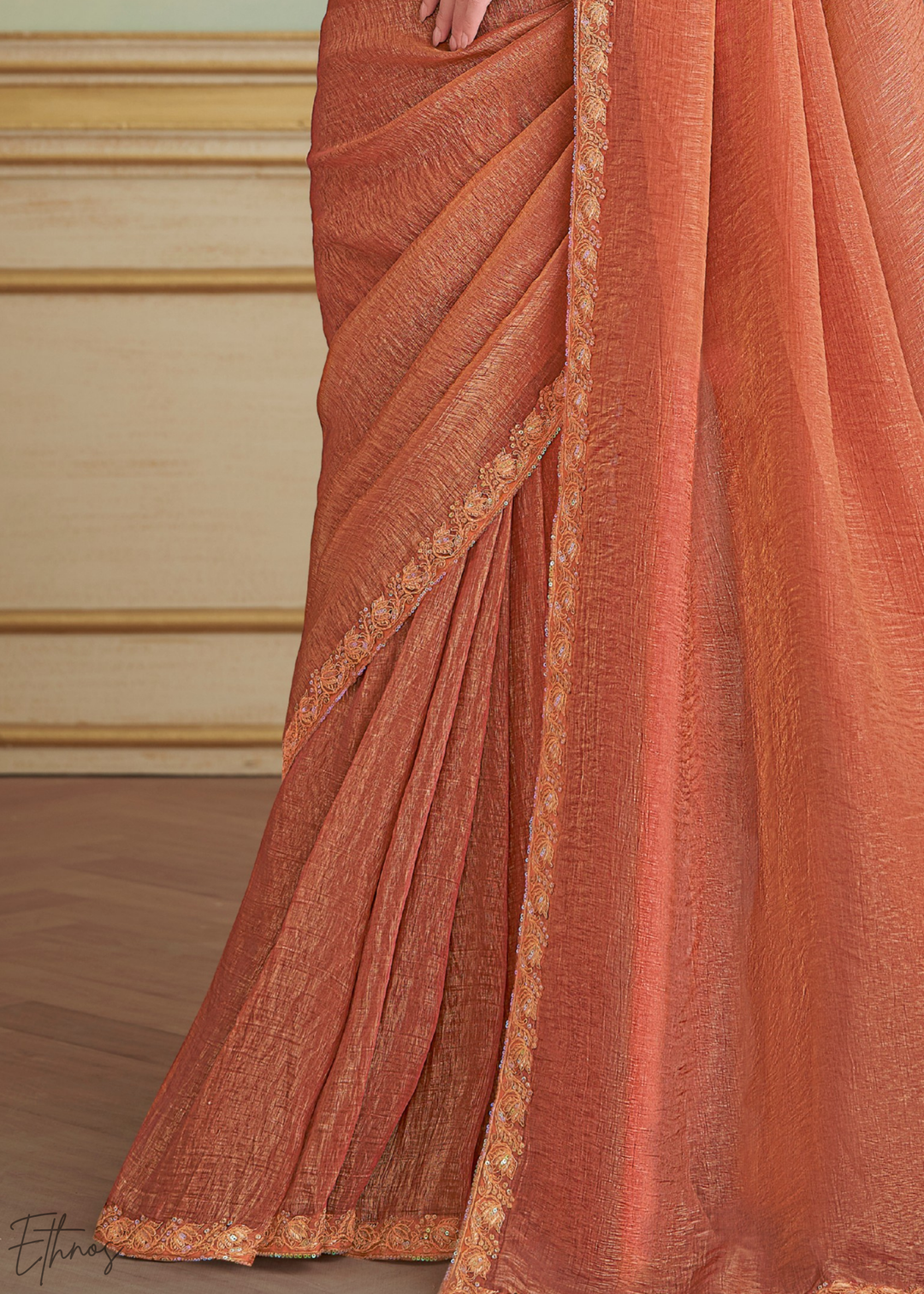 Muted Peach Gold Metallic Georgette Saree