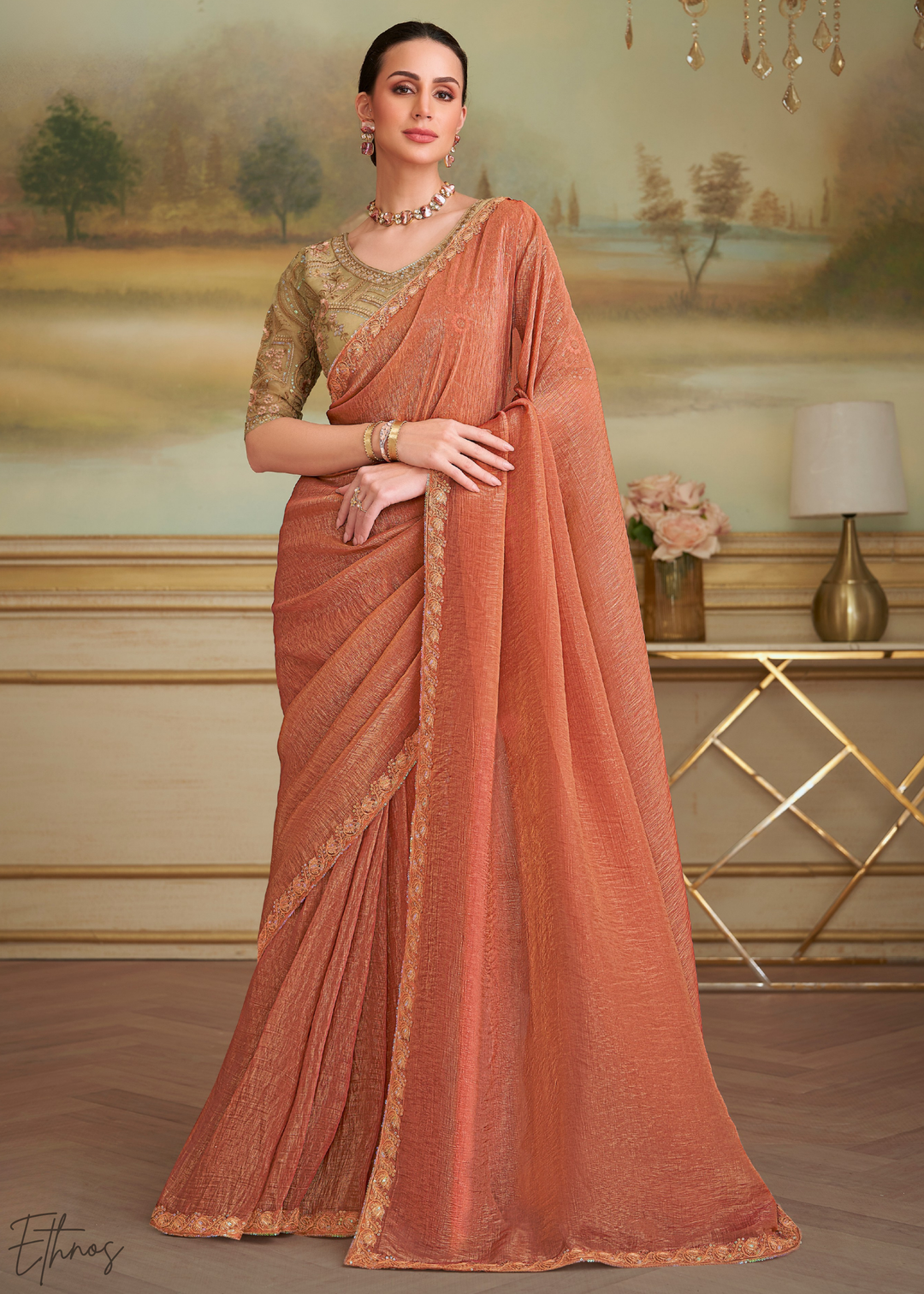 Muted Peach Gold Metallic Georgette Saree