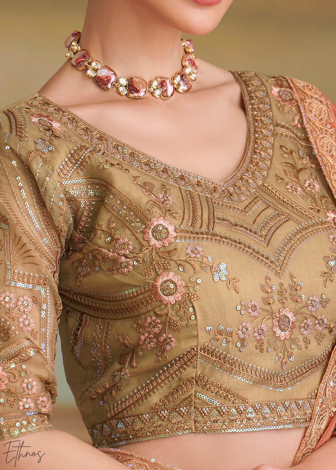 Muted Peach Gold Metallic Georgette Saree