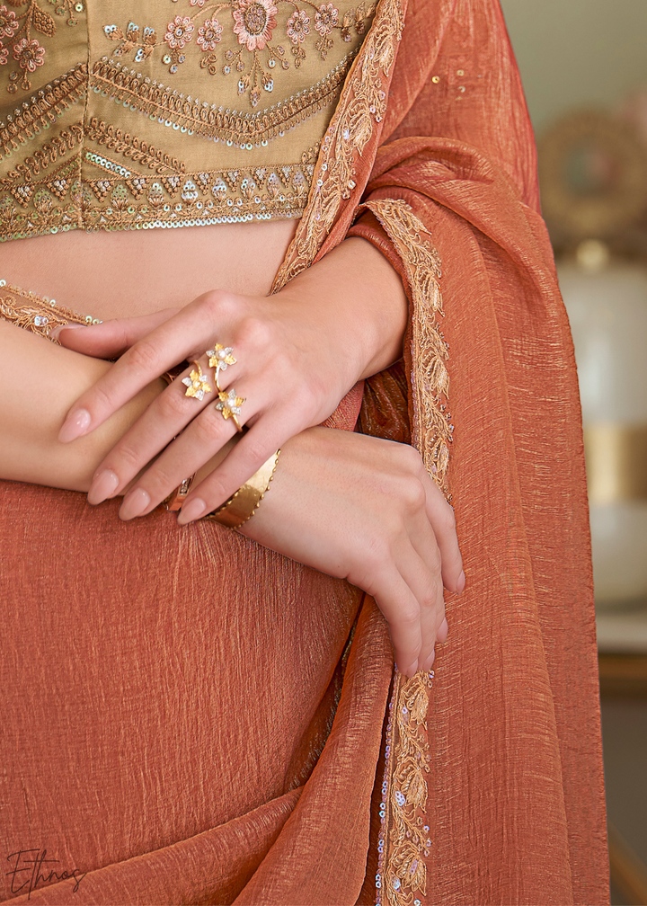 Muted Peach Gold Metallic Georgette Saree